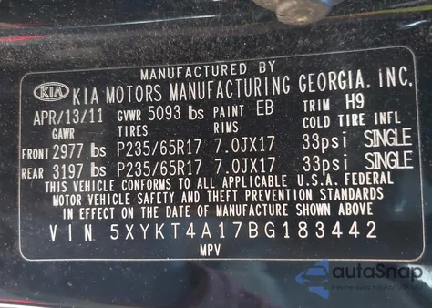 2011 Kia Sorento Lx z USA, uszkodzony, nr VIN 5XYKT4A17BG183442